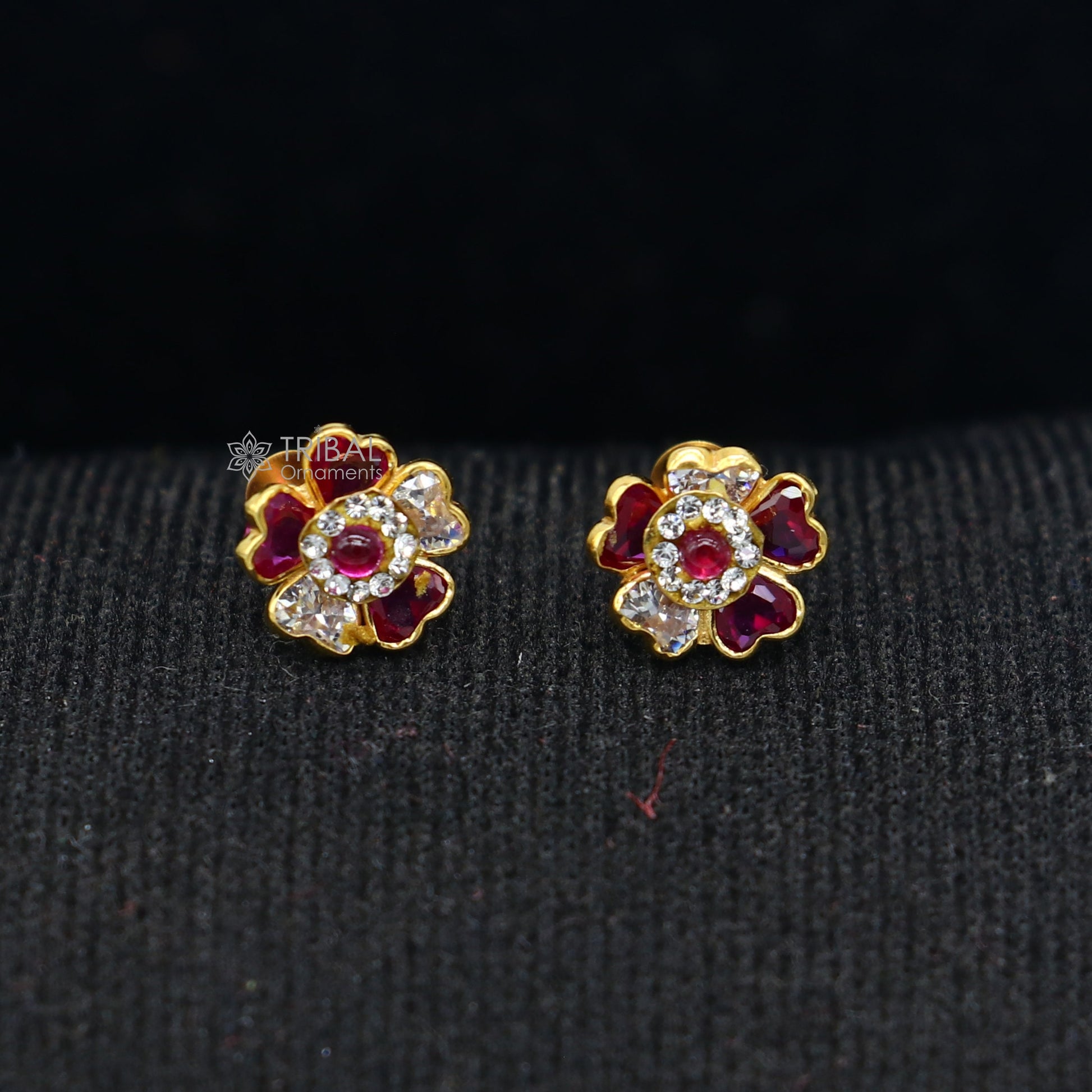 14kt yellow gold handmade fabulous orange Stone excellent vintage flower design stud earrings pair unisex jewelry er177 - TRIBAL ORNAMENTS