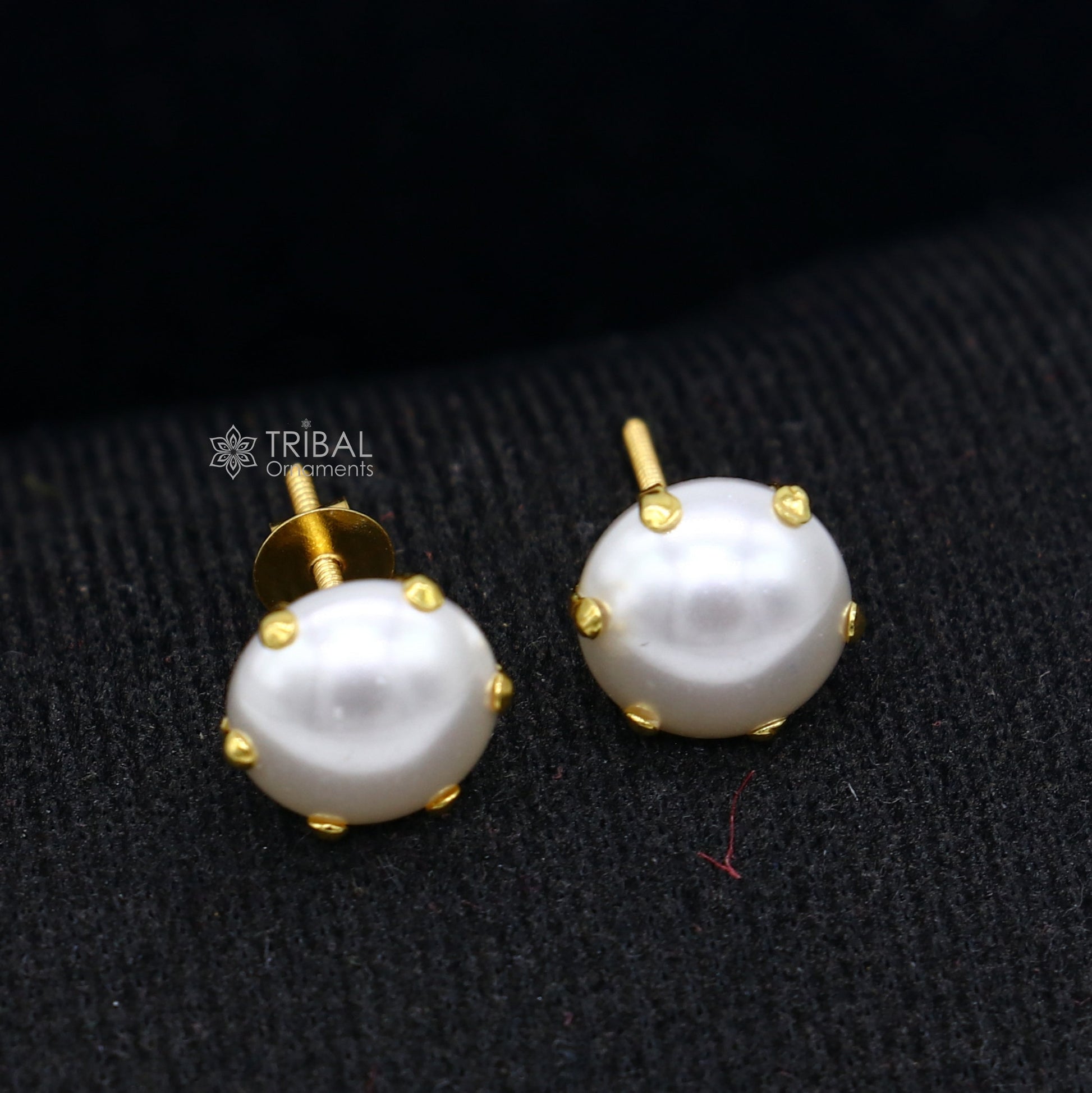 Exclusive round pearl 14kt yellow gold fabulous stud earring for unisex jewelry from india er182 - TRIBAL ORNAMENTS