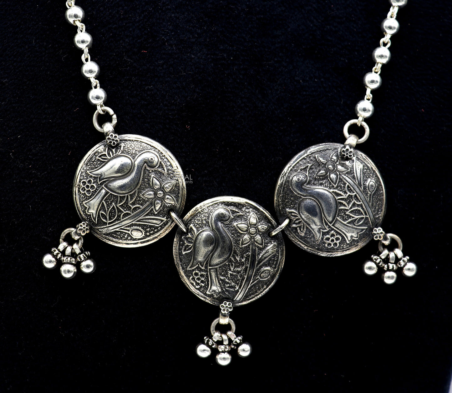 925 sterling silver handmade vintage beaded chain necklace amazing peacock pendant with hanging drops, ethnic tribal long set jewelry set662 - TRIBAL ORNAMENTS