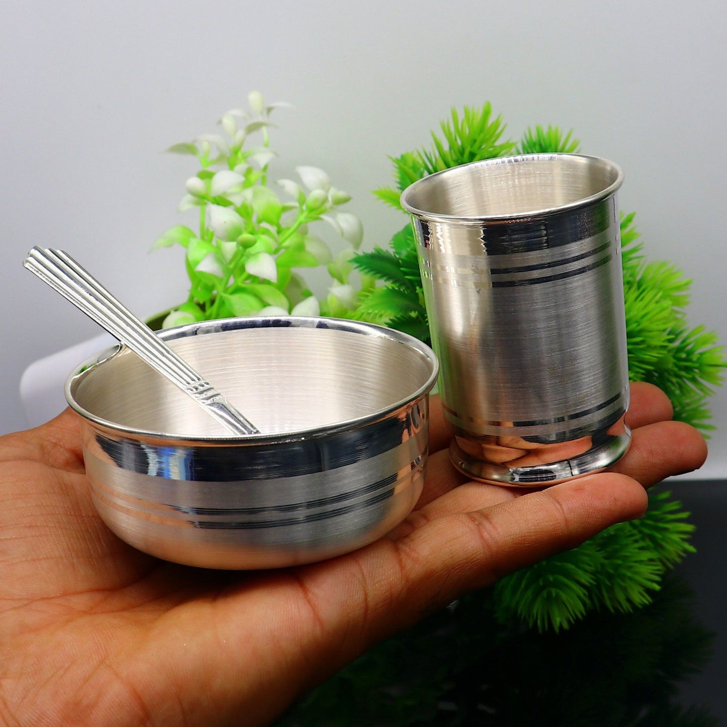 999 fine silver water milk glass and bowl, silver tumbler silver spoon, silver utensils,best kids gift for rice ceremony /Annaprashana sv197 - TRIBAL ORNAMENTS