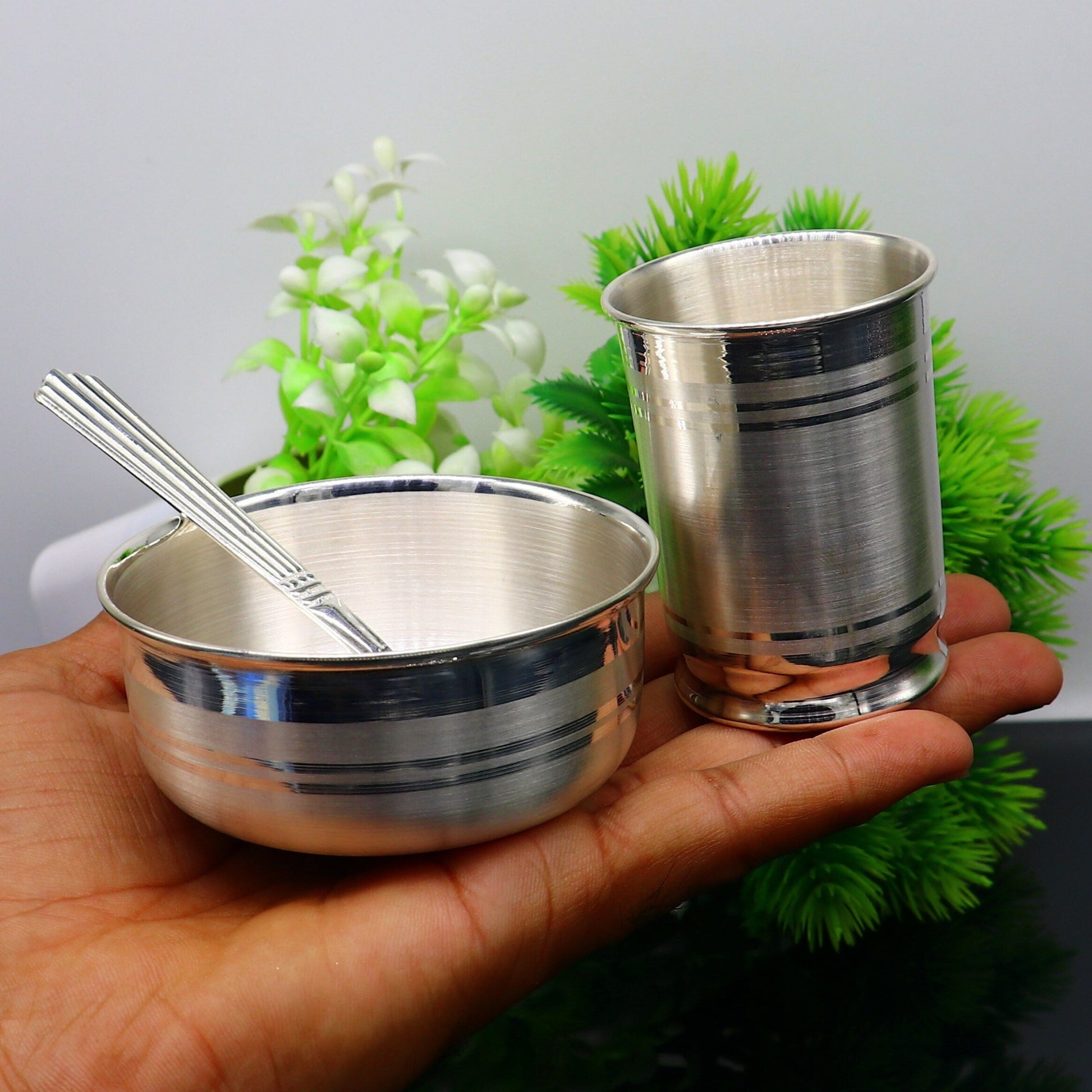999 fine silver water milk glass and bowl, silver tumbler silver spoon, silver utensils,best kids gift for rice ceremony /Annaprashana sv197 - TRIBAL ORNAMENTS