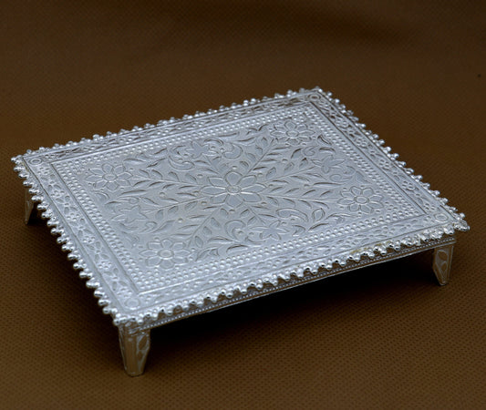 3.5"x4.5" Vintage design Sterling silver handmade customize small rectangle shape table/bazot/chouki, excellent home puja utensils su1265 - TRIBAL ORNAMENTS