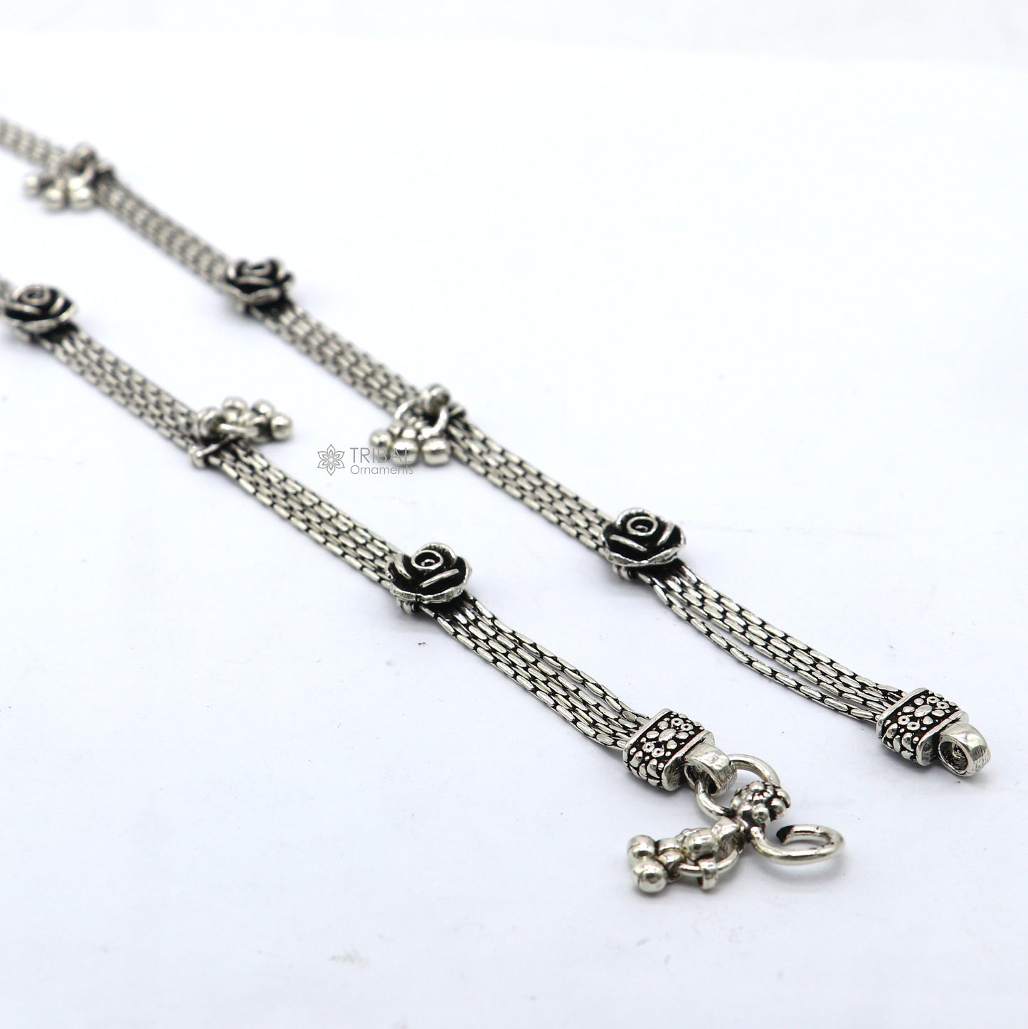 10.5" inches 925 Sterling silver vintage rose flower design 4 line anklets foot bracelet with gorgeous hangings charm jewelry ank617 - TRIBAL ORNAMENTS