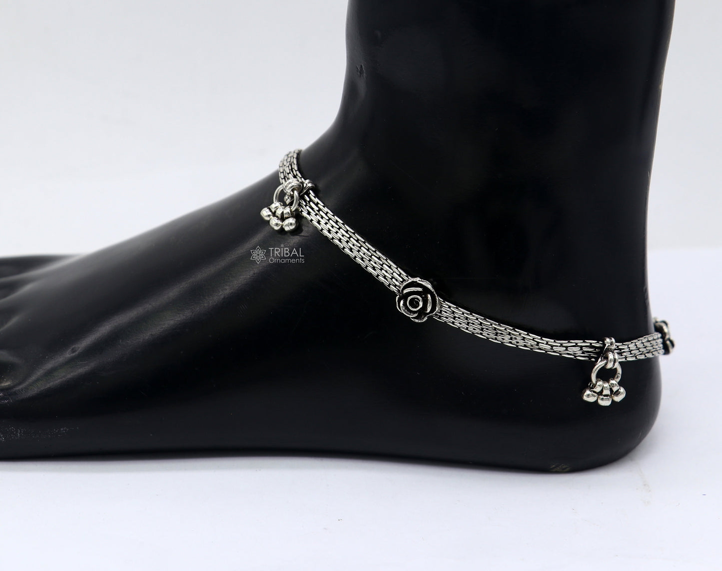 10.5" inches 925 Sterling silver vintage rose flower design 4 line anklets foot bracelet with gorgeous hangings charm jewelry ank617 - TRIBAL ORNAMENTS