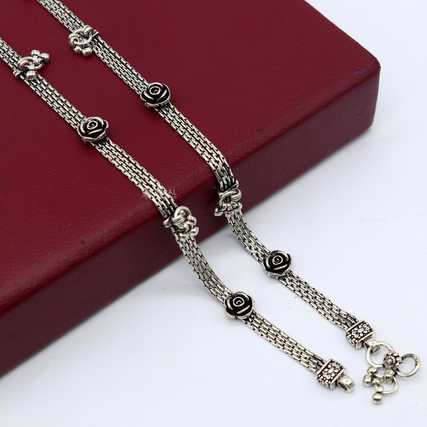 10.5" inches 925 Sterling silver vintage rose flower design 4 line anklets foot bracelet with gorgeous hangings charm jewelry ank617 - TRIBAL ORNAMENTS