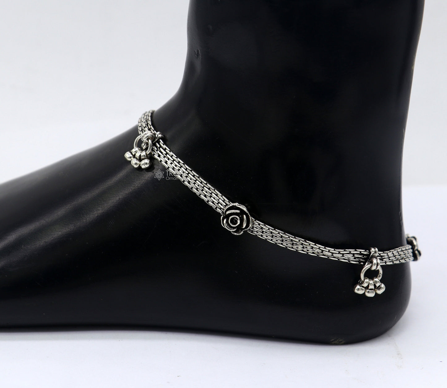 10.5" inches 925 Sterling silver vintage rose flower design 4 line anklets foot bracelet with gorgeous hangings charm jewelry ank617 - TRIBAL ORNAMENTS