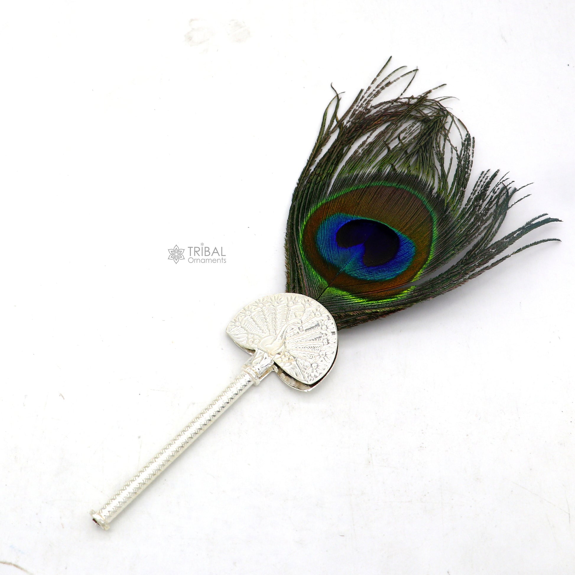 925 sterling silver handmade Mor chhadi, with peacock feather, best lord krishna laddu gopal gift, silver pankhi su1280 - TRIBAL ORNAMENTS