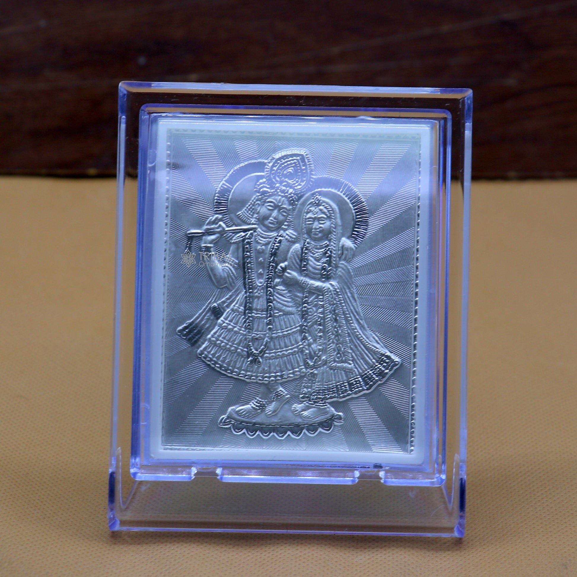 999 pure sterling silver handmade idol Radha Krishna plate covered in plastic frame figurine, silver god frame art766 - TRIBAL ORNAMENTS