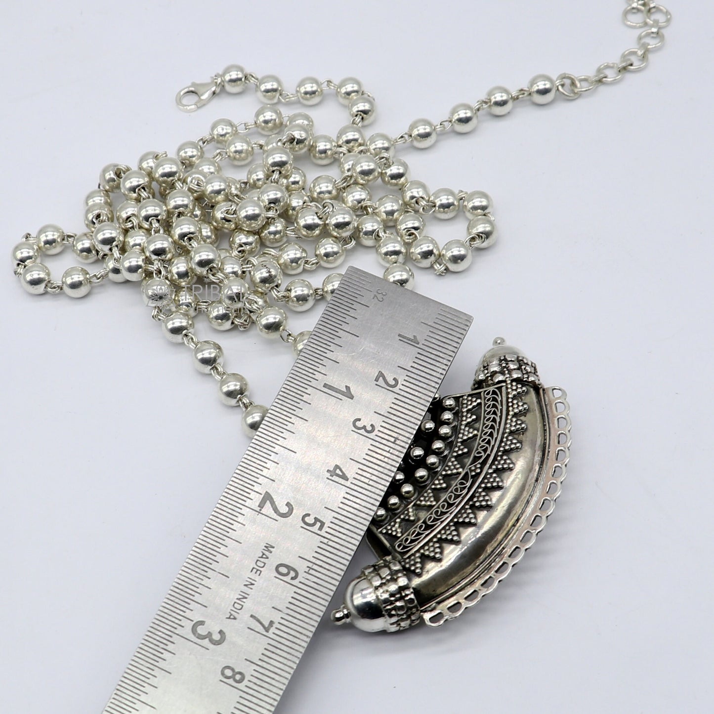 Indian Vintage ethnic design 925 sterling silver gorgeous tribal stylish amulet pendant with 6mm beaded necklace temple jewelry set665 - TRIBAL ORNAMENTS