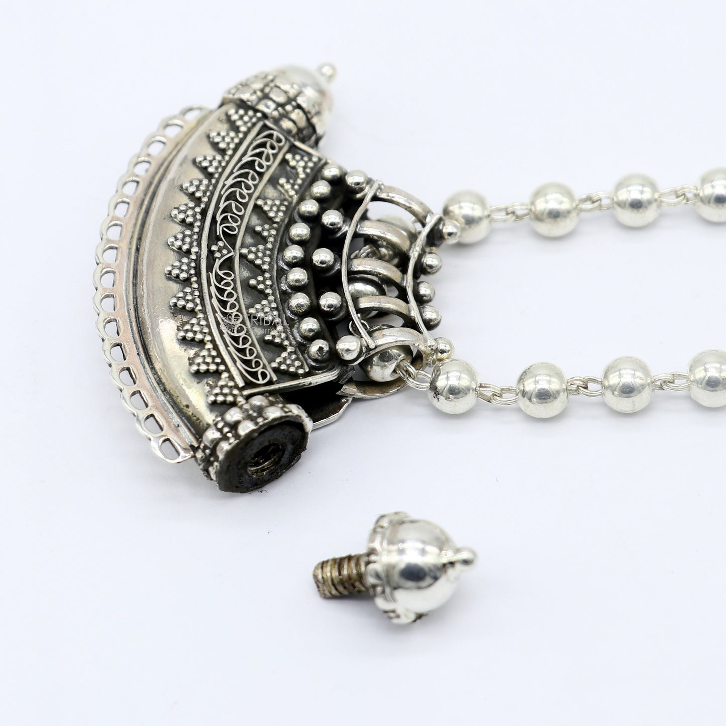 Indian Vintage ethnic design 925 sterling silver gorgeous tribal stylish amulet pendant with 6mm beaded necklace temple jewelry set665 - TRIBAL ORNAMENTS