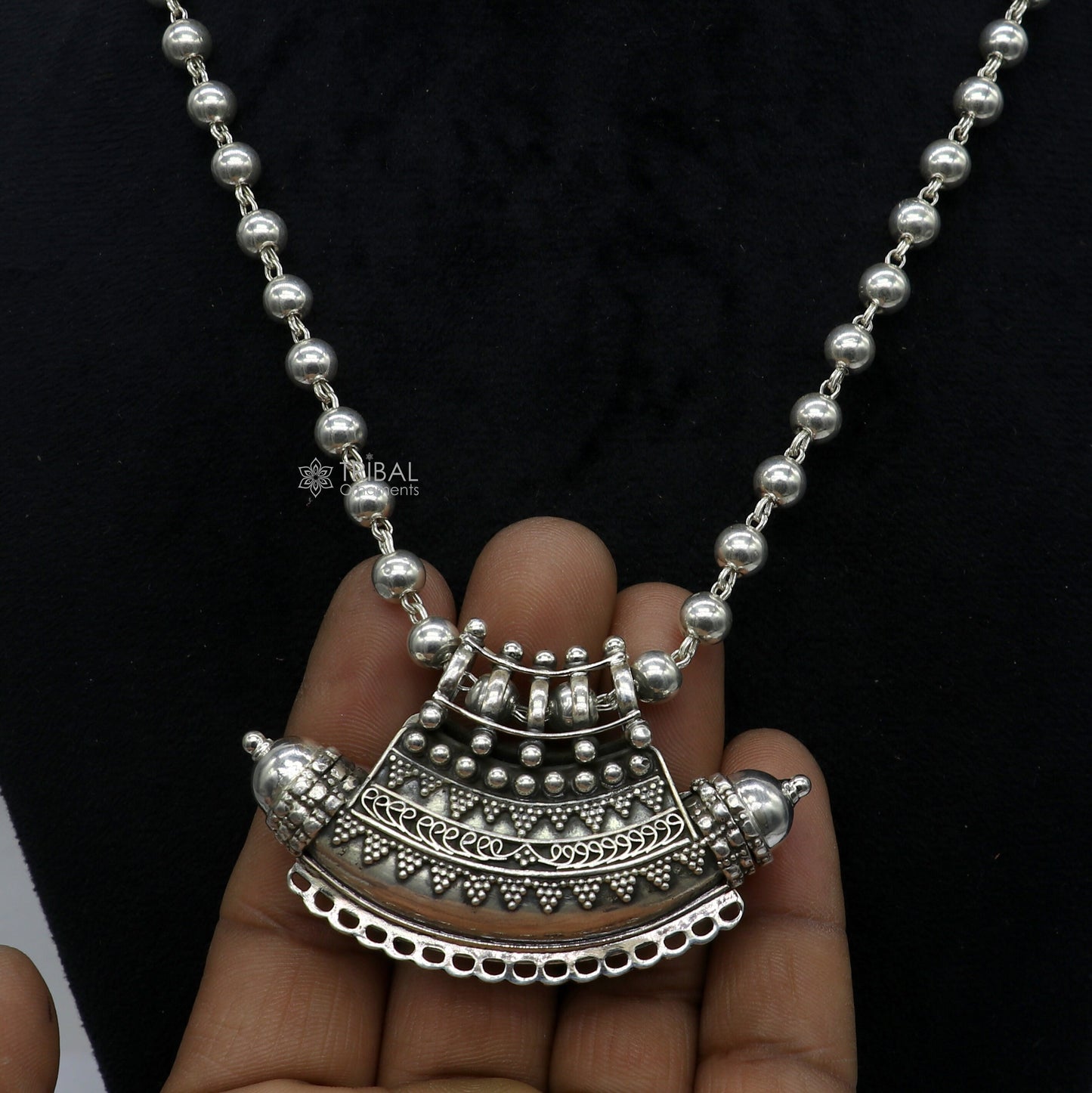 Indian Vintage ethnic design 925 sterling silver gorgeous tribal stylish amulet pendant with 6mm beaded necklace temple jewelry set665 - TRIBAL ORNAMENTS