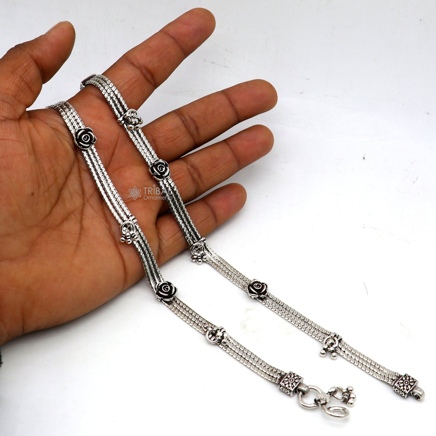 10.5" inches 925 Sterling silver vintage rose flower design 3 string anklets foot bracelet with gorgeous charm ankle jewelry ank618 - TRIBAL ORNAMENTS