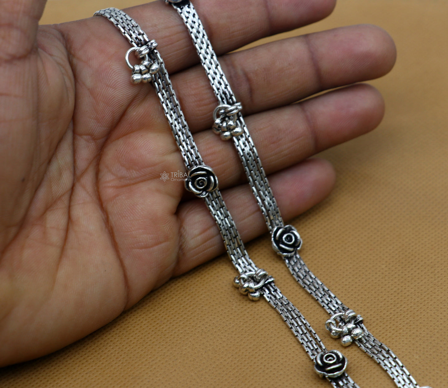10.5" inches 925 Sterling silver vintage rose flower design 4 line anklets foot bracelet with gorgeous hangings charm jewelry ank617 - TRIBAL ORNAMENTS