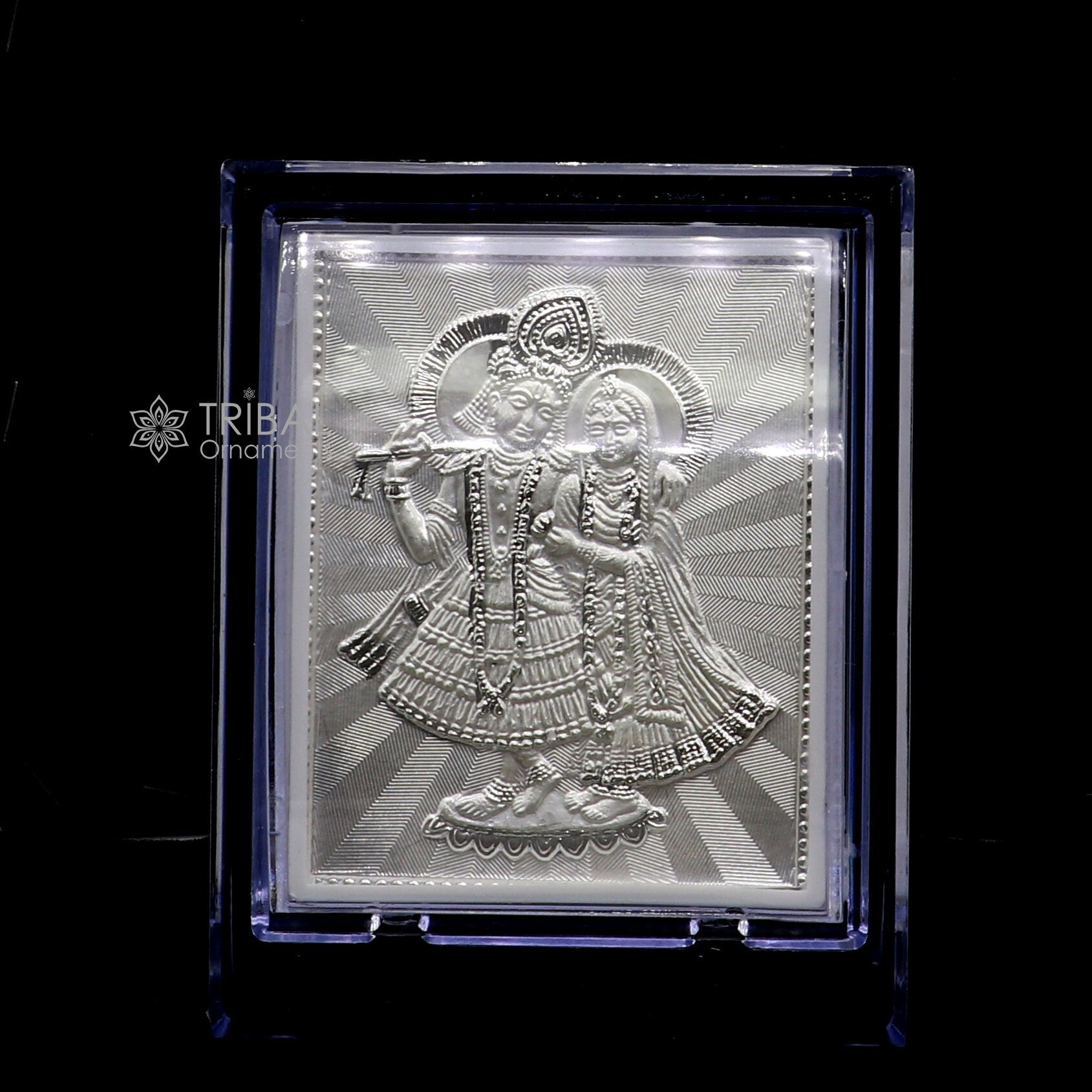 999 pure sterling silver handmade idol Radha Krishna plate covered in plastic frame figurine, silver god frame art766 - TRIBAL ORNAMENTS