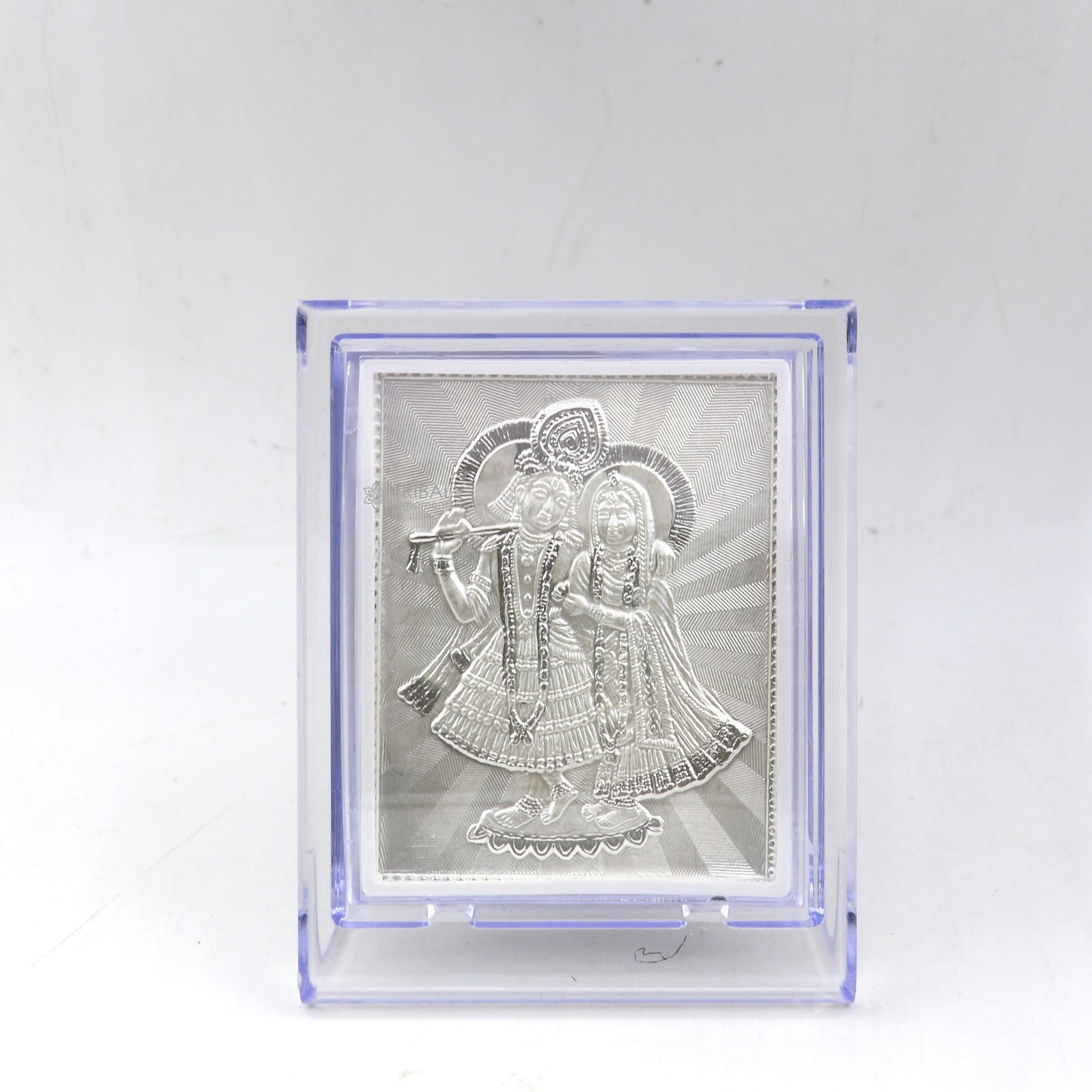 999 pure sterling silver handmade idol Radha Krishna plate covered in plastic frame figurine, silver god frame art766 - TRIBAL ORNAMENTS