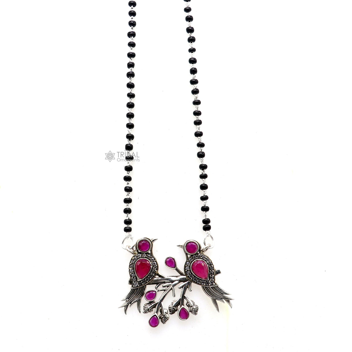 925 sterling silver black beads chain mangal sutra necklace for daily use brides Mangalsutra chunky necklace love bird pendant ms60 - TRIBAL ORNAMENTS