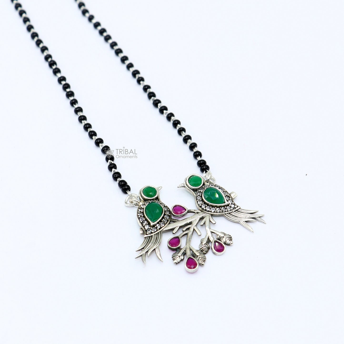 925 sterling silver black beads chain mangal sutra necklace best brides Mangalsutra chunky necklace love bird green stone pendant ms62 - TRIBAL ORNAMENTS
