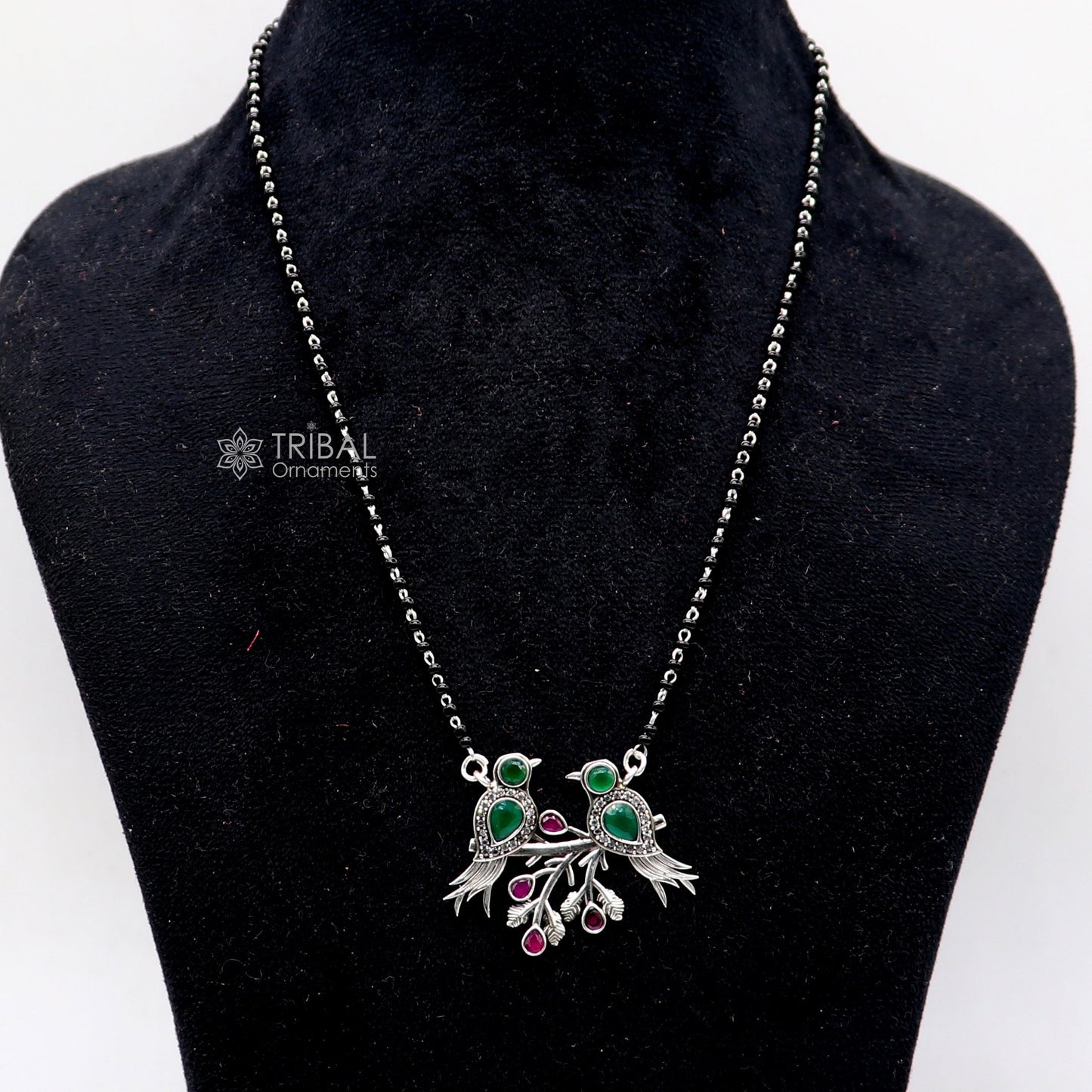 925 sterling silver black beads chain mangal sutra necklace best brides Mangalsutra chunky necklace love bird green stone pendant ms62 - TRIBAL ORNAMENTS