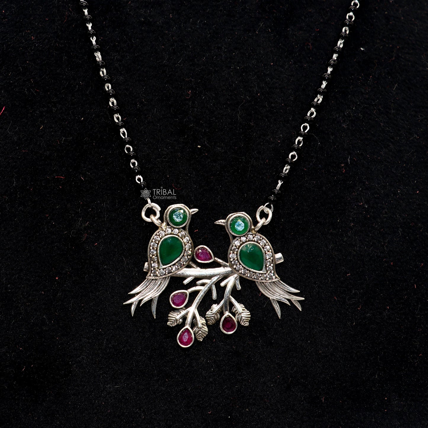 925 sterling silver black beads chain mangal sutra necklace best brides Mangalsutra chunky necklace love bird green stone pendant ms62 - TRIBAL ORNAMENTS