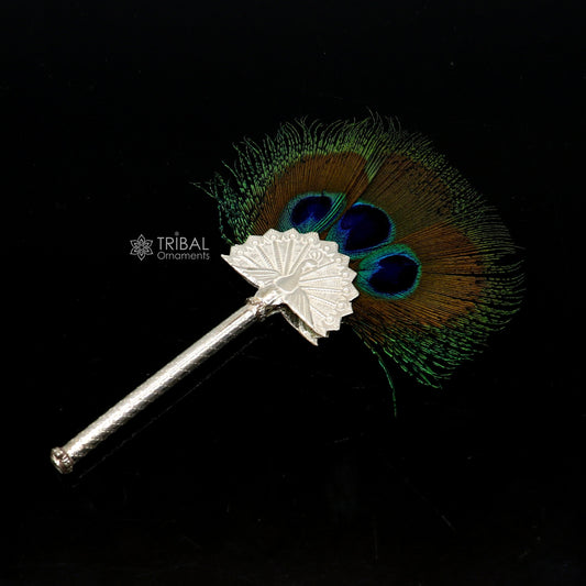 Vintage antique style handmade Mor chhadi, with peacock feather, best lord krishna laddu gopal gift, silver pankhi silver mor chadi su1289 - TRIBAL ORNAMENTS