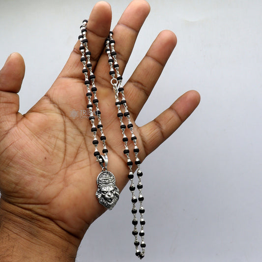 Holy Basil rosary 4 mm beads solid silver necklace with amazing south india lord vishnu narsimha pendant with tulsi mala from india set676 - TRIBAL ORNAMENTS