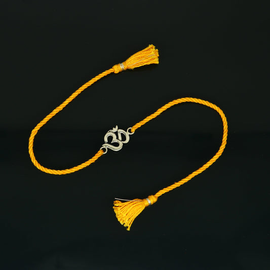 925 sterling silver custom design OM / AUM design Rakhi bracelet with stunning yellow thread Best sibling rakhi for Festival Rakshabandhan rk160 - TRIBAL ORNAMENTS