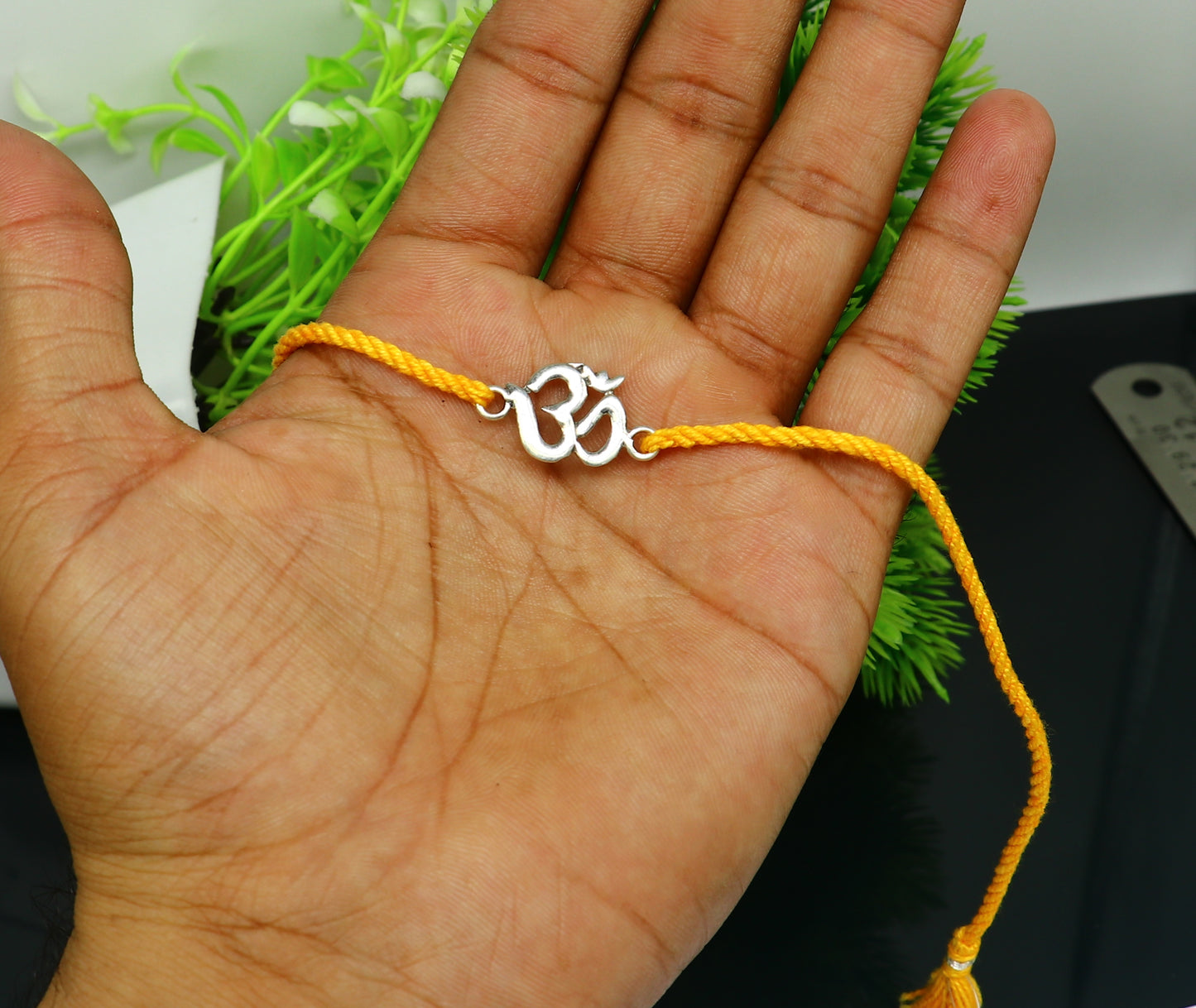 925 sterling silver custom design OM / AUM design Rakhi bracelet with stunning yellow thread Best sibling rakhi for Festival Rakshabandhan rk160 - TRIBAL ORNAMENTS