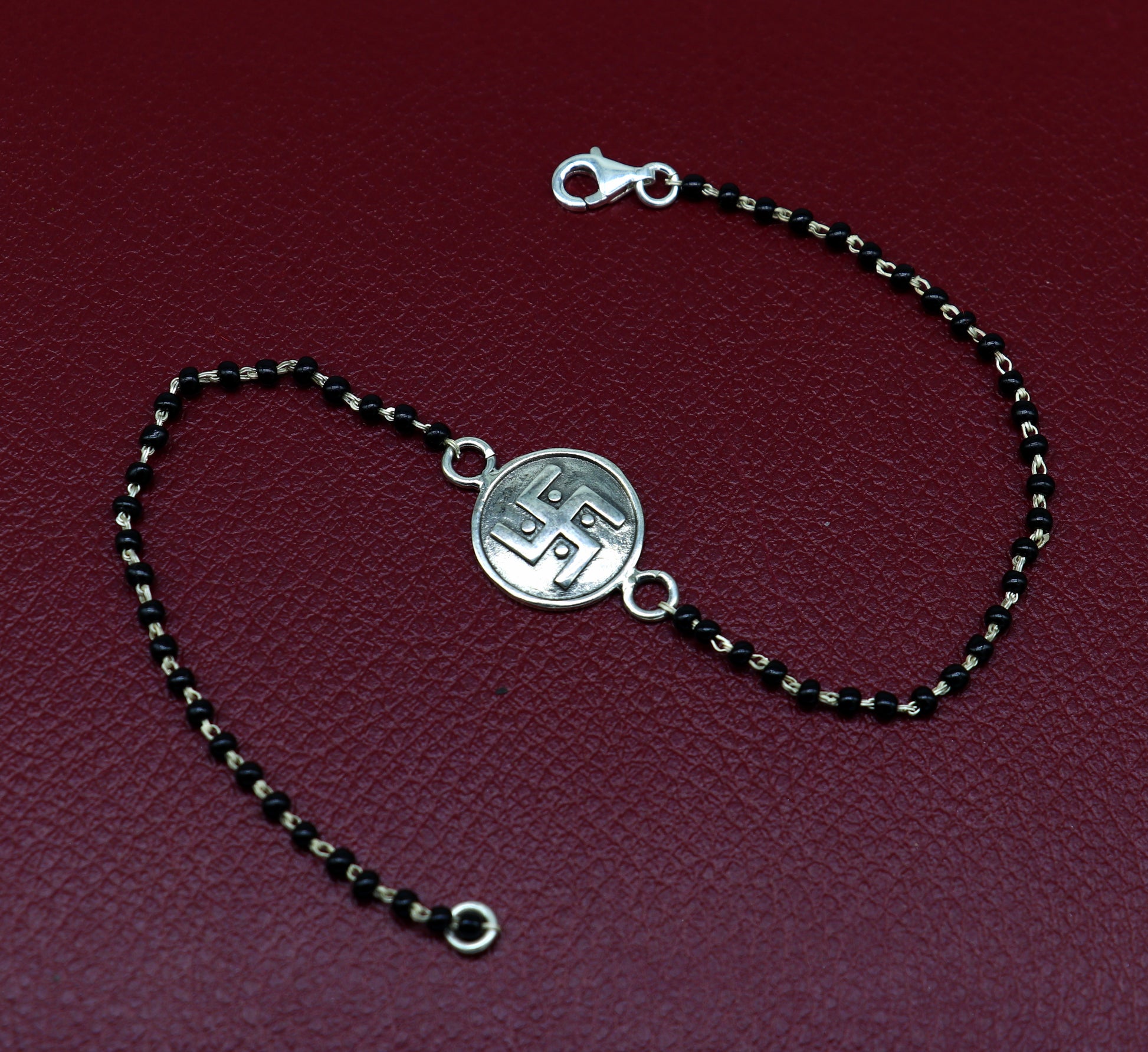 8.5" 925 Sterling silver customized black beaded Swastik Rakhi bracelet. best gift for your brother's for special occasion gifing rk17 - TRIBAL ORNAMENTS