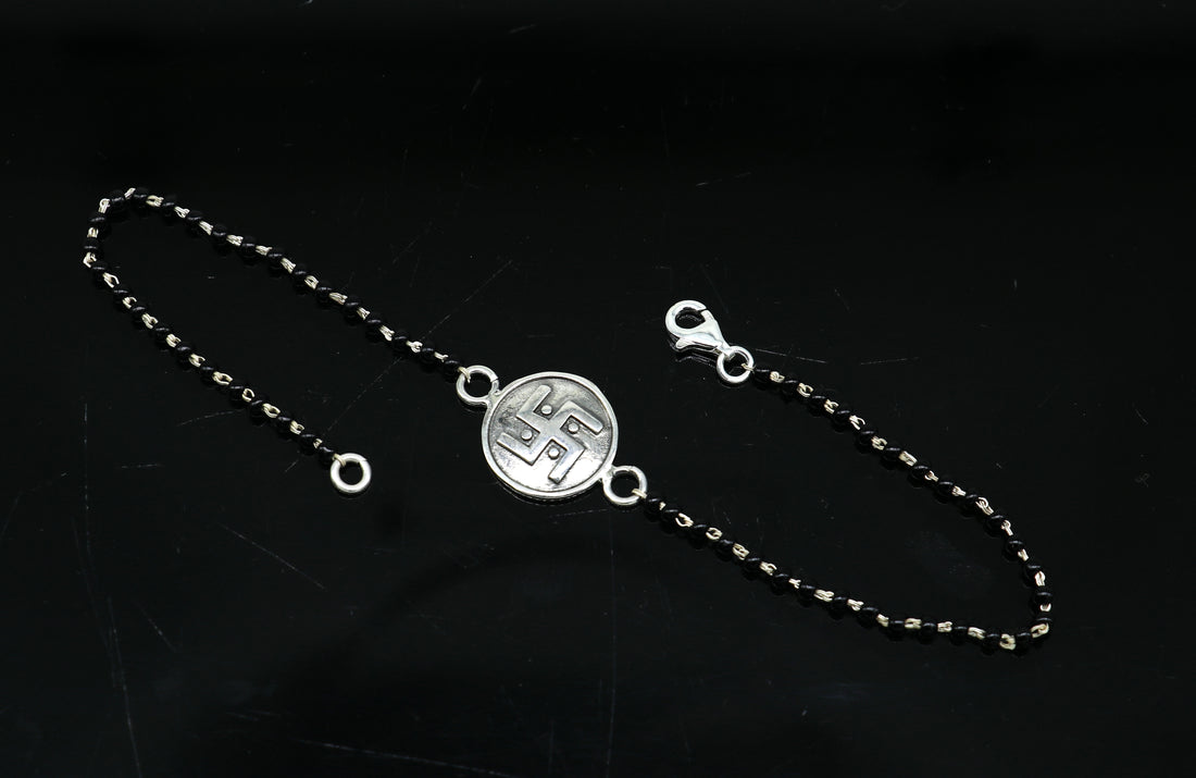 8.5" 925 Sterling silver customized black beaded Swastik Rakhi bracelet. best gift for your brother's for special occasion gifing rk17 - TRIBAL ORNAMENTS