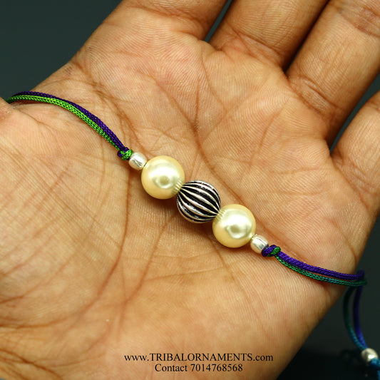 925 sterling silver handmade beautiful pearls Rakhi Bracelet, amazing stylish gift for Rakshabandhan rk129 - TRIBAL ORNAMENTS