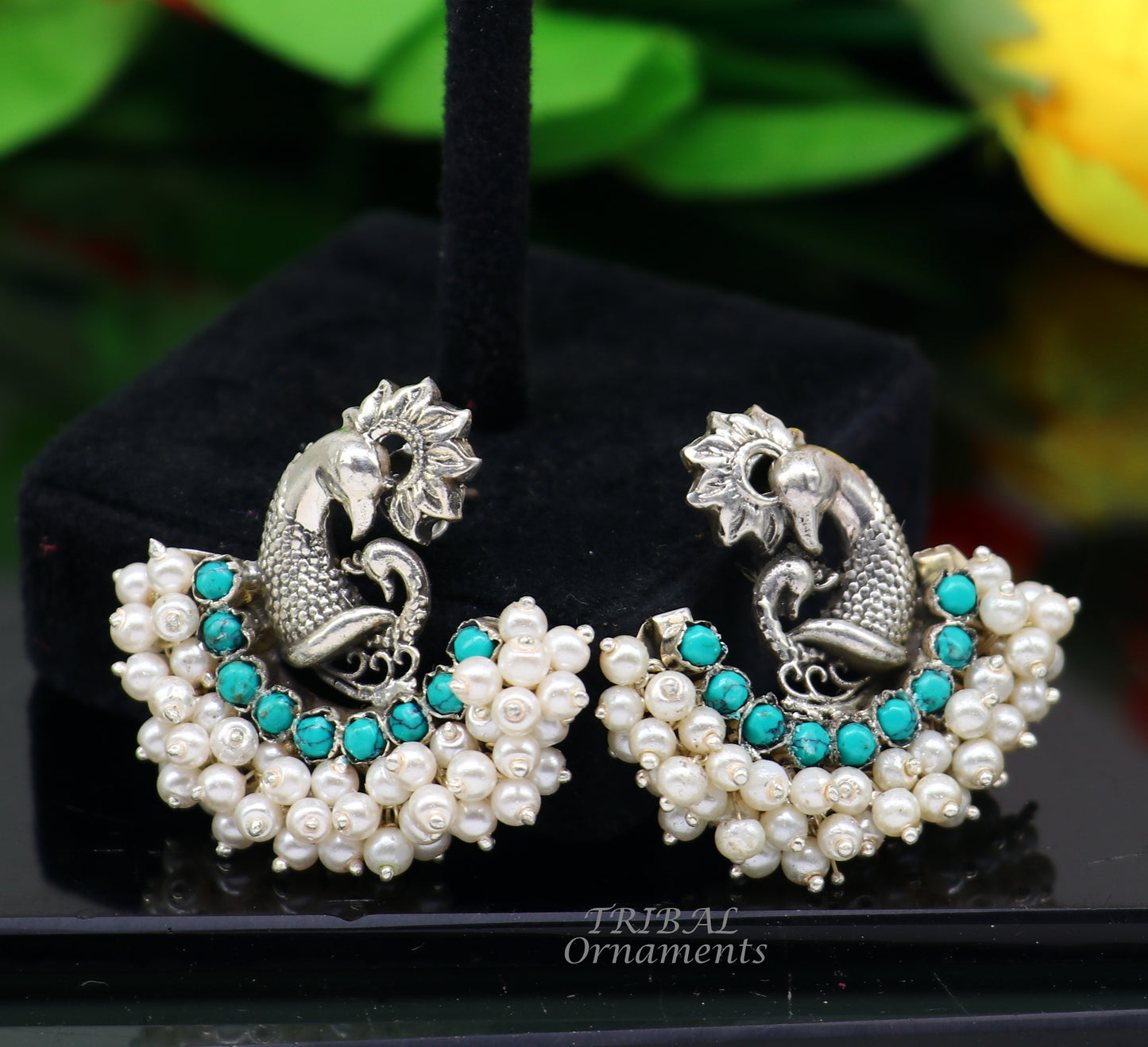 925 sterling silver handmade vintage antique design peacock stud earring fabulous hanging pearl and Green onyx stone earring jewelry s708 - TRIBAL ORNAMENTS