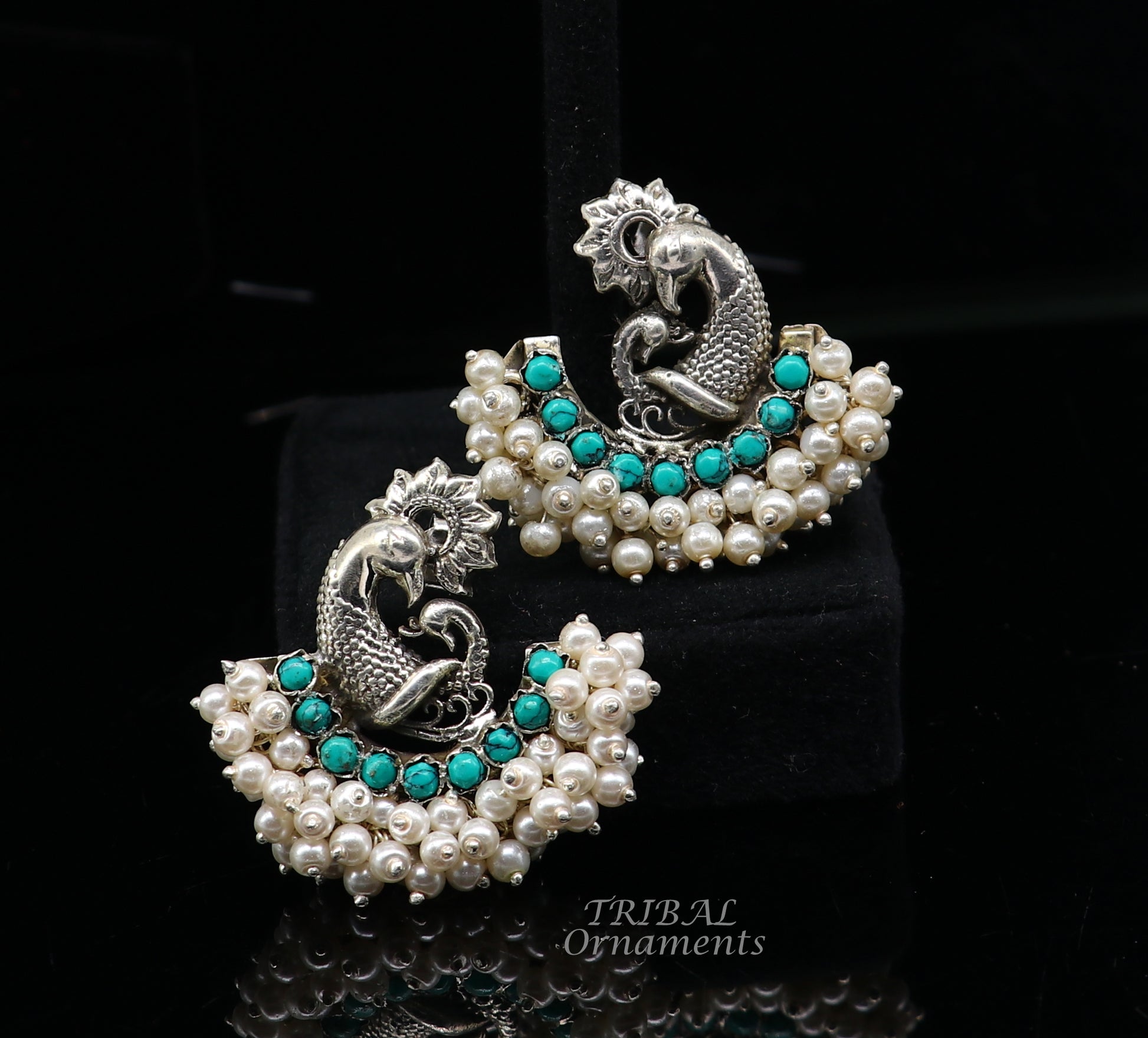 925 sterling silver handmade vintage antique design peacock stud earring fabulous hanging pearl and Green onyx stone earring jewelry s708 - TRIBAL ORNAMENTS
