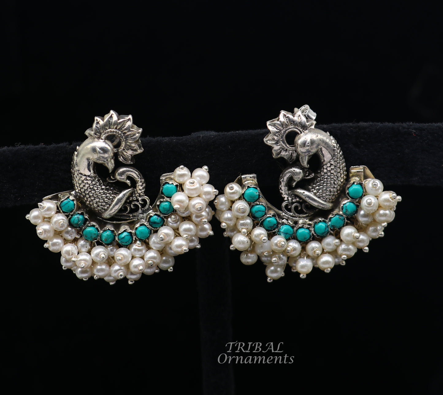 925 sterling silver handmade vintage antique design peacock stud earring fabulous hanging pearl and Green onyx stone earring jewelry s708 - TRIBAL ORNAMENTS