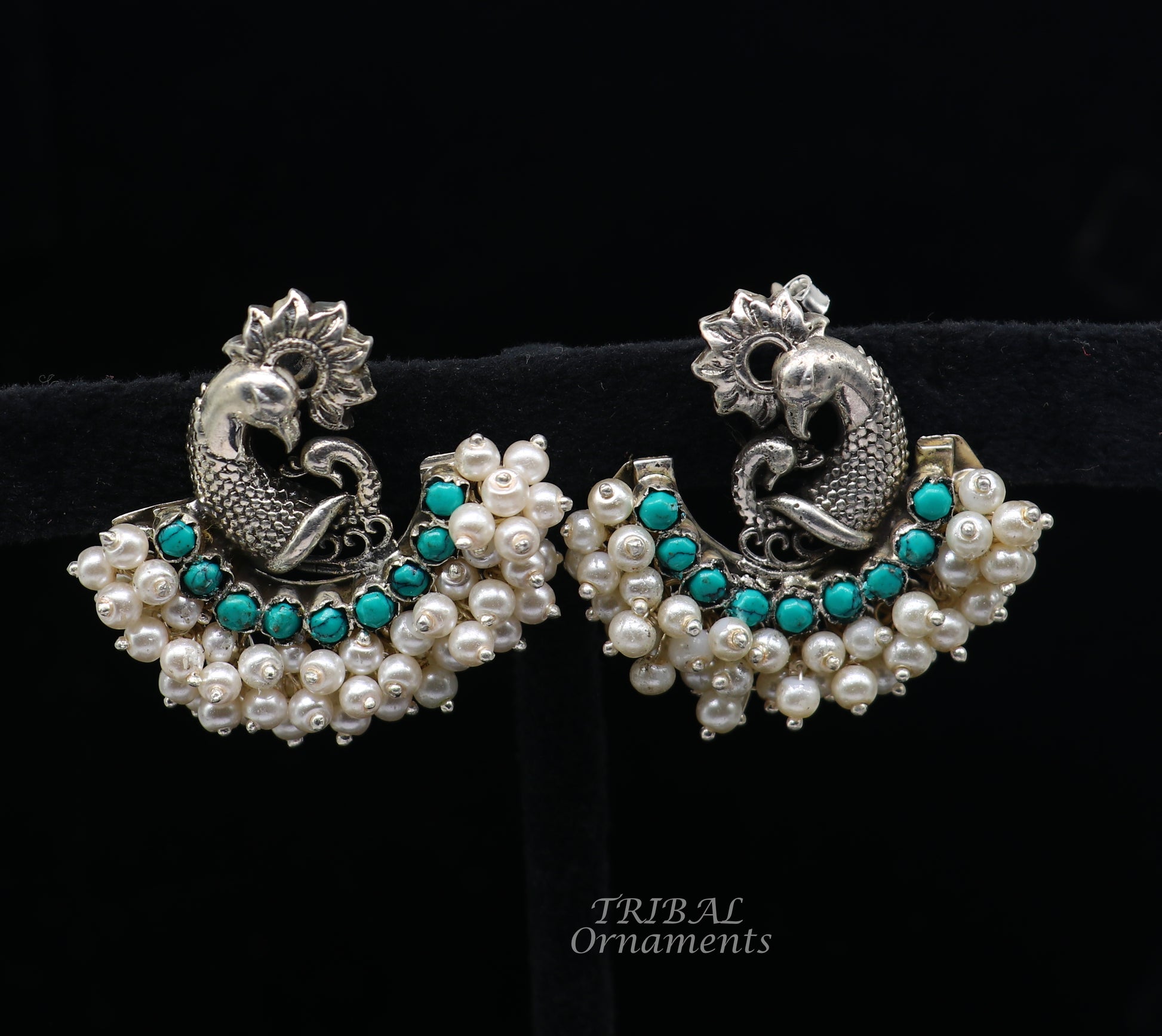 925 sterling silver handmade vintage antique design peacock stud earring fabulous hanging pearl and Green onyx stone earring jewelry s708 - TRIBAL ORNAMENTS