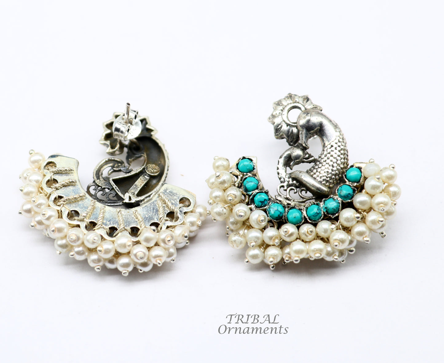 925 sterling silver handmade vintage antique design peacock stud earring fabulous hanging pearl and Green onyx stone earring jewelry s708 - TRIBAL ORNAMENTS