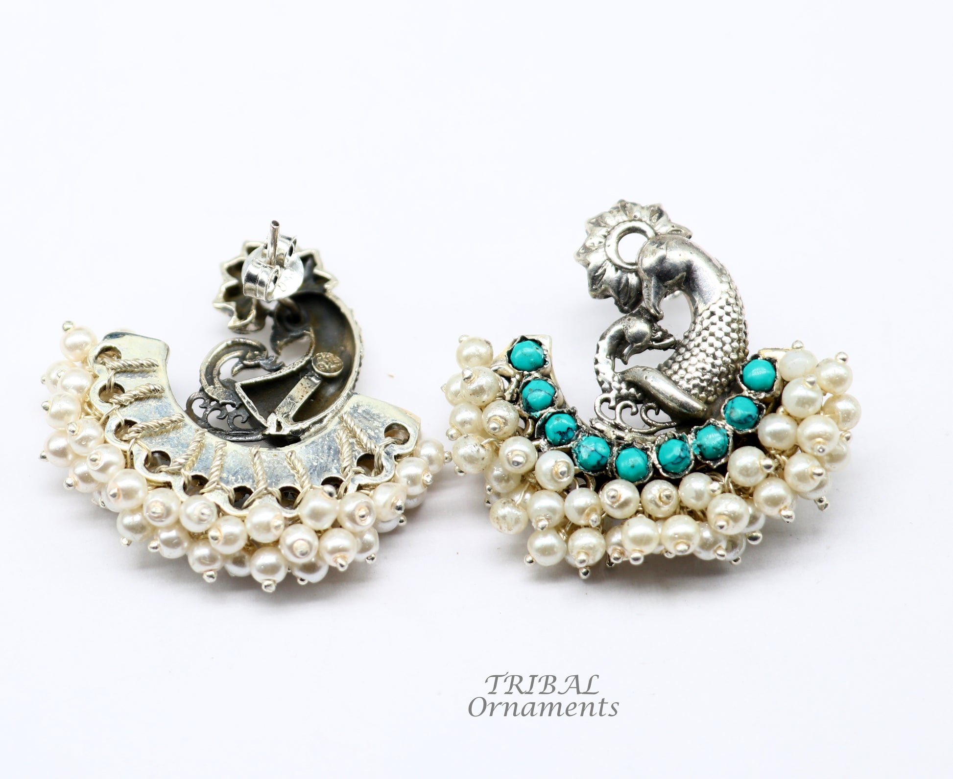 925 sterling silver handmade vintage antique design peacock stud earring fabulous hanging pearl and Green onyx stone earring jewelry s708 - TRIBAL ORNAMENTS