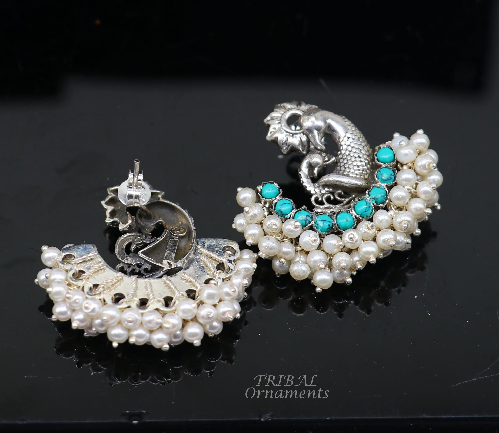 925 sterling silver handmade vintage antique design peacock stud earring fabulous hanging pearl and Green onyx stone earring jewelry s708 - TRIBAL ORNAMENTS