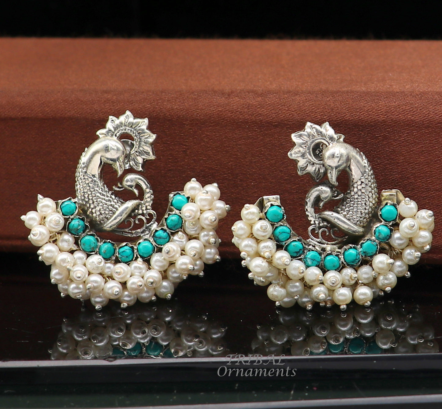 925 sterling silver handmade vintage antique design peacock stud earring fabulous hanging pearl and Green onyx stone earring jewelry s708 - TRIBAL ORNAMENTS
