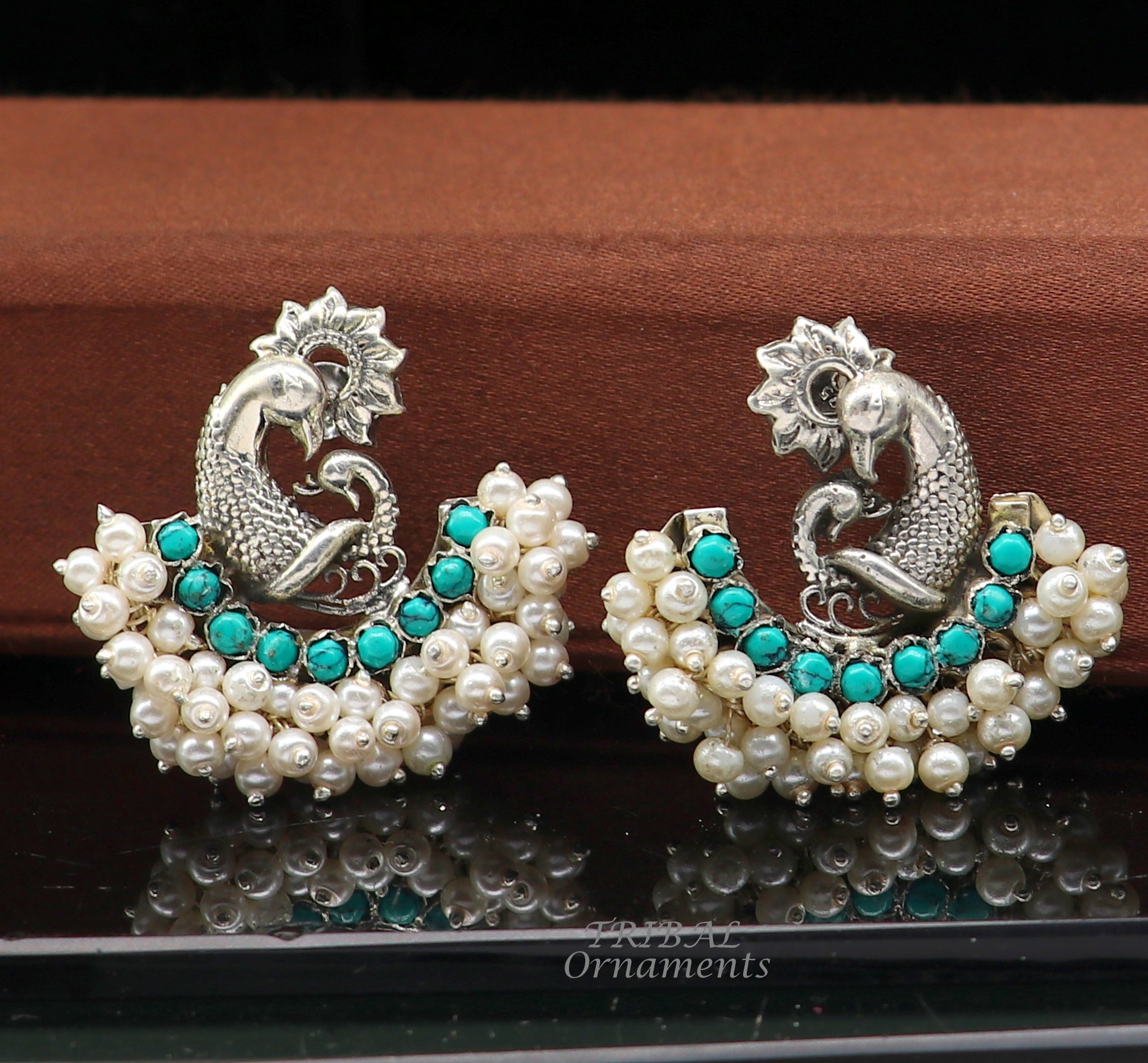 925 sterling silver handmade vintage antique design peacock stud earring fabulous hanging pearl and Green onyx stone earring jewelry s708 - TRIBAL ORNAMENTS