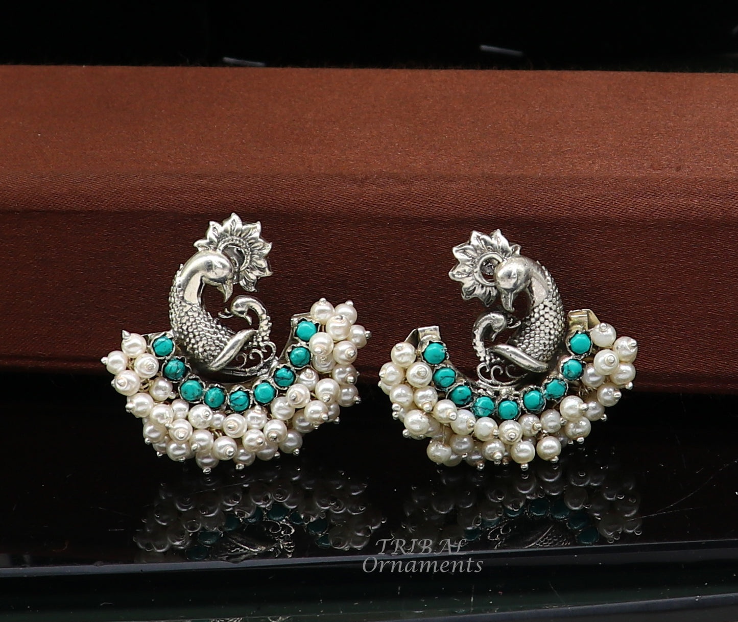 925 sterling silver handmade vintage antique design peacock stud earring fabulous hanging pearl and Green onyx stone earring jewelry s708 - TRIBAL ORNAMENTS