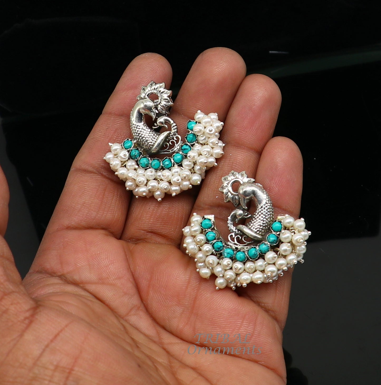 925 sterling silver handmade vintage antique design peacock stud earring fabulous hanging pearl and Green onyx stone earring jewelry s708 - TRIBAL ORNAMENTS