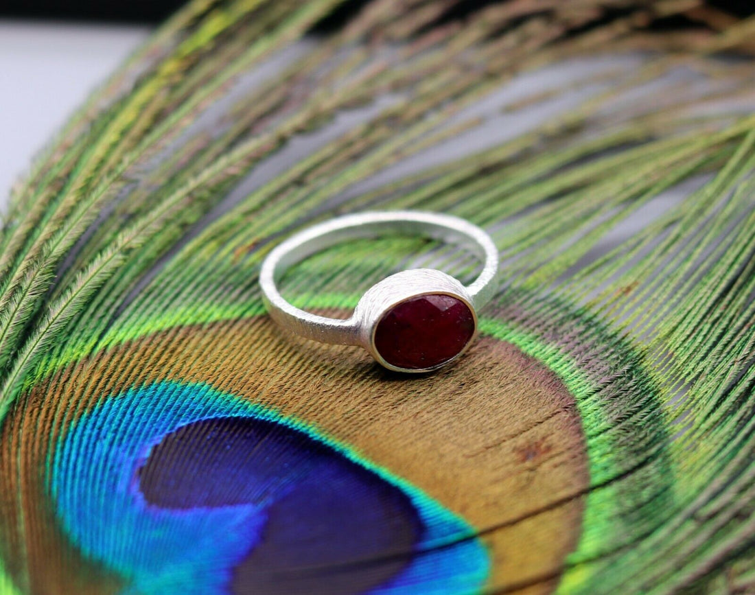 HAND CRAFTED DESIGN SIMULATED RUBY STONE 925 SILVER RING BAND GIFTING sr150 - TRIBAL ORNAMENTS