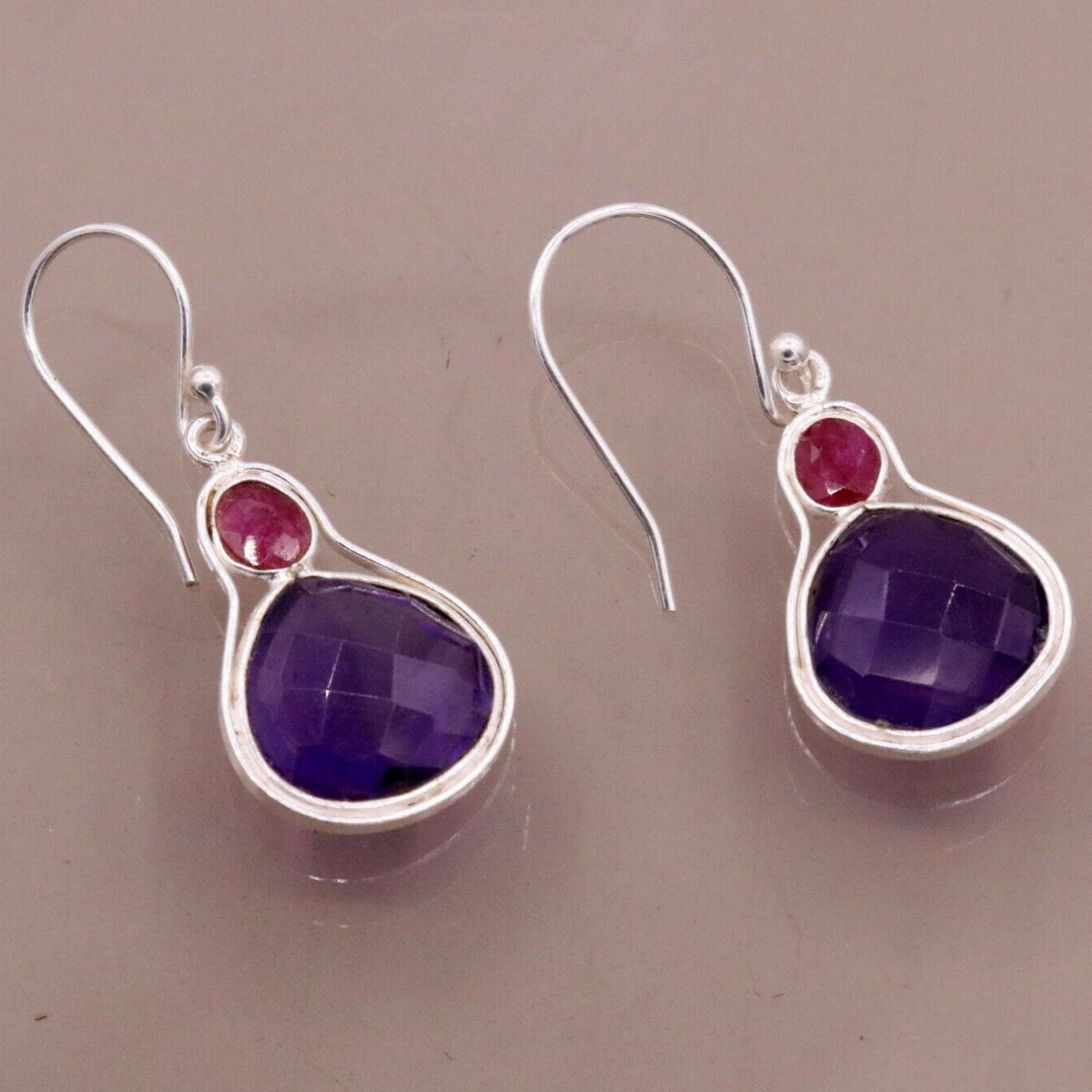 925 STERLING SILVER ANTIQUE STYLE HOOPS EARRING DROP DANGLE AMETHYST STONE S305 - TRIBAL ORNAMENTS