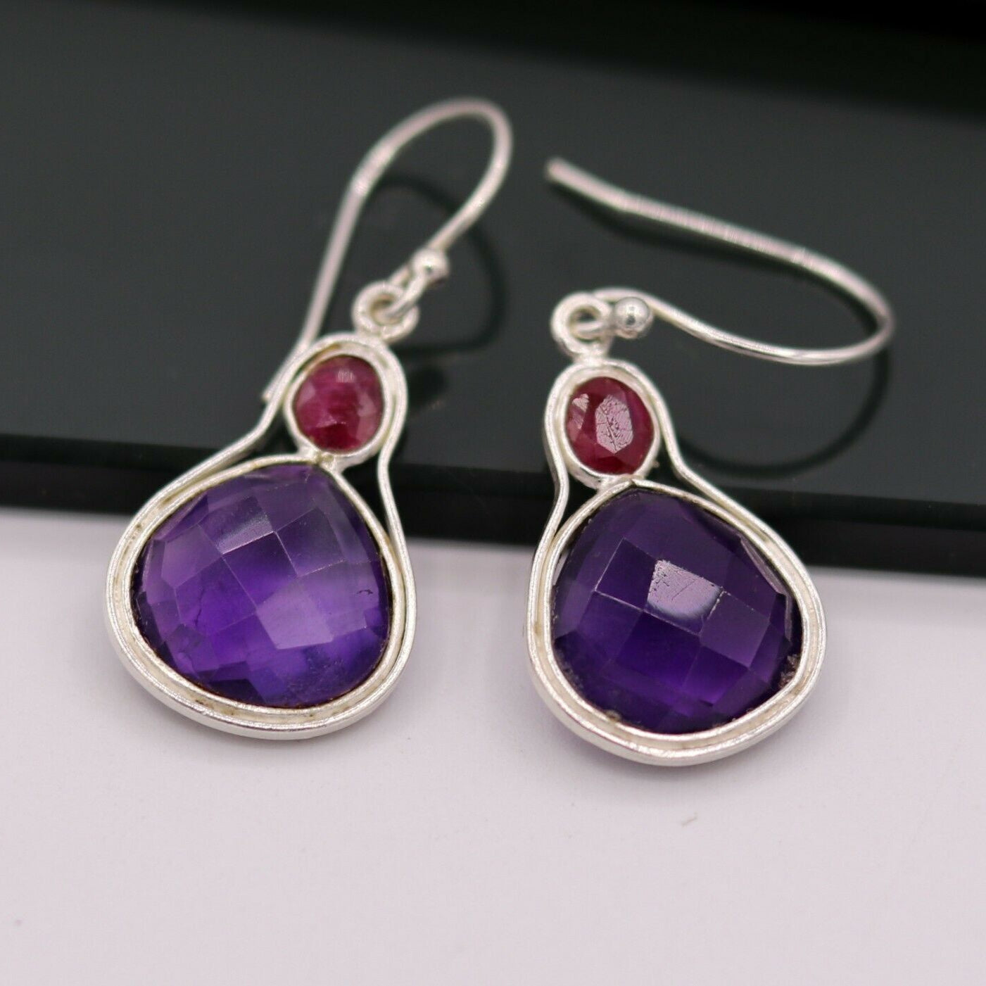 925 STERLING SILVER ANTIQUE STYLE HOOPS EARRING DROP DANGLE AMETHYST STONE S305 - TRIBAL ORNAMENTS