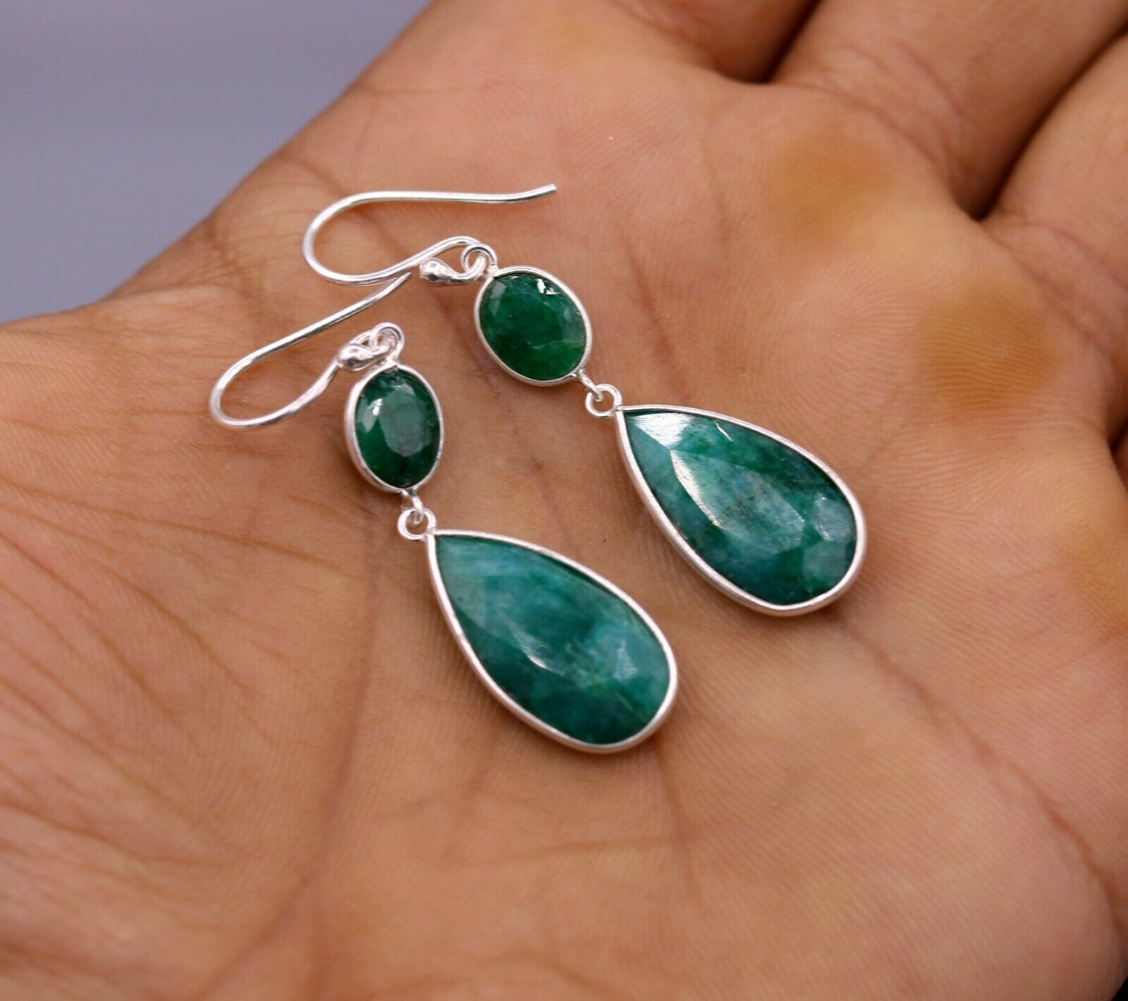 SIMULATED EMERALD 925 SILVER DAILY USE HOOPS EARRINGS DROP DANGLE GIFTING s164 - TRIBAL ORNAMENTS
