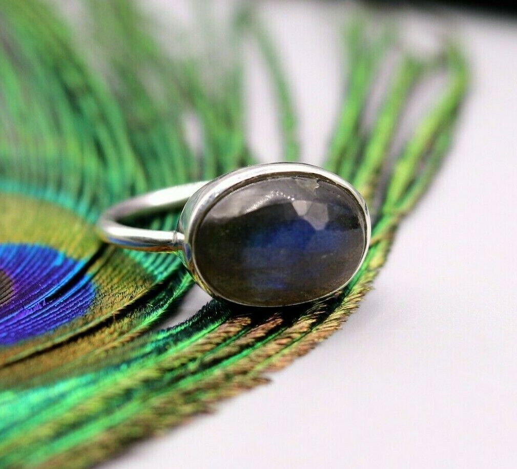 AWESOME BLUE FIRE LABRADORITE STONE 925 SOLID SILVER RING UNISEX BAND GIFT sr153 - TRIBAL ORNAMENTS