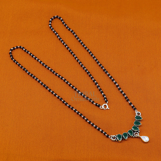 925 sterling silver black beads chain Trendy necklace, gorgeous flower design pendant, traditional style brides Mangalsutra necklace MS03 - TRIBAL ORNAMENTS