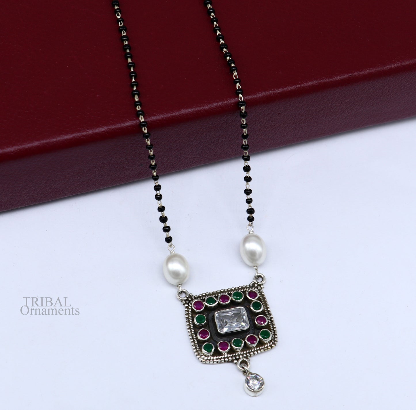 Awesome 2.2mm small black beaded 925 sterling silver cut stone mangalsutra pendant, best wedding anniversary, girl's gifting jewelry nec352 - TRIBAL ORNAMENTS