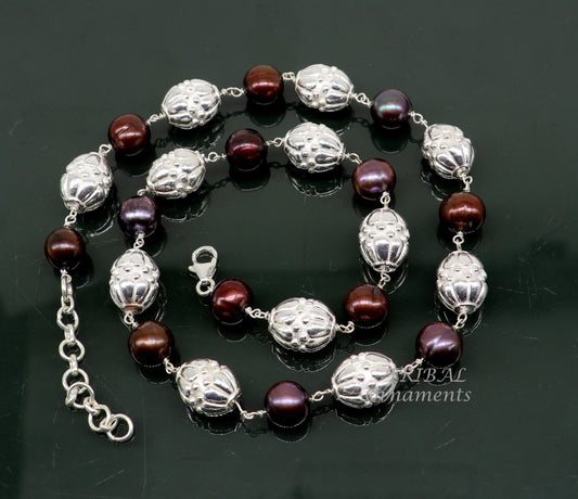 Elegant natural fresh water pearl custom made 925 sterling silver long beaded necklace, gorgeous girl's women's daily use best gifting ch193 - TRIBAL ORNAMENTS