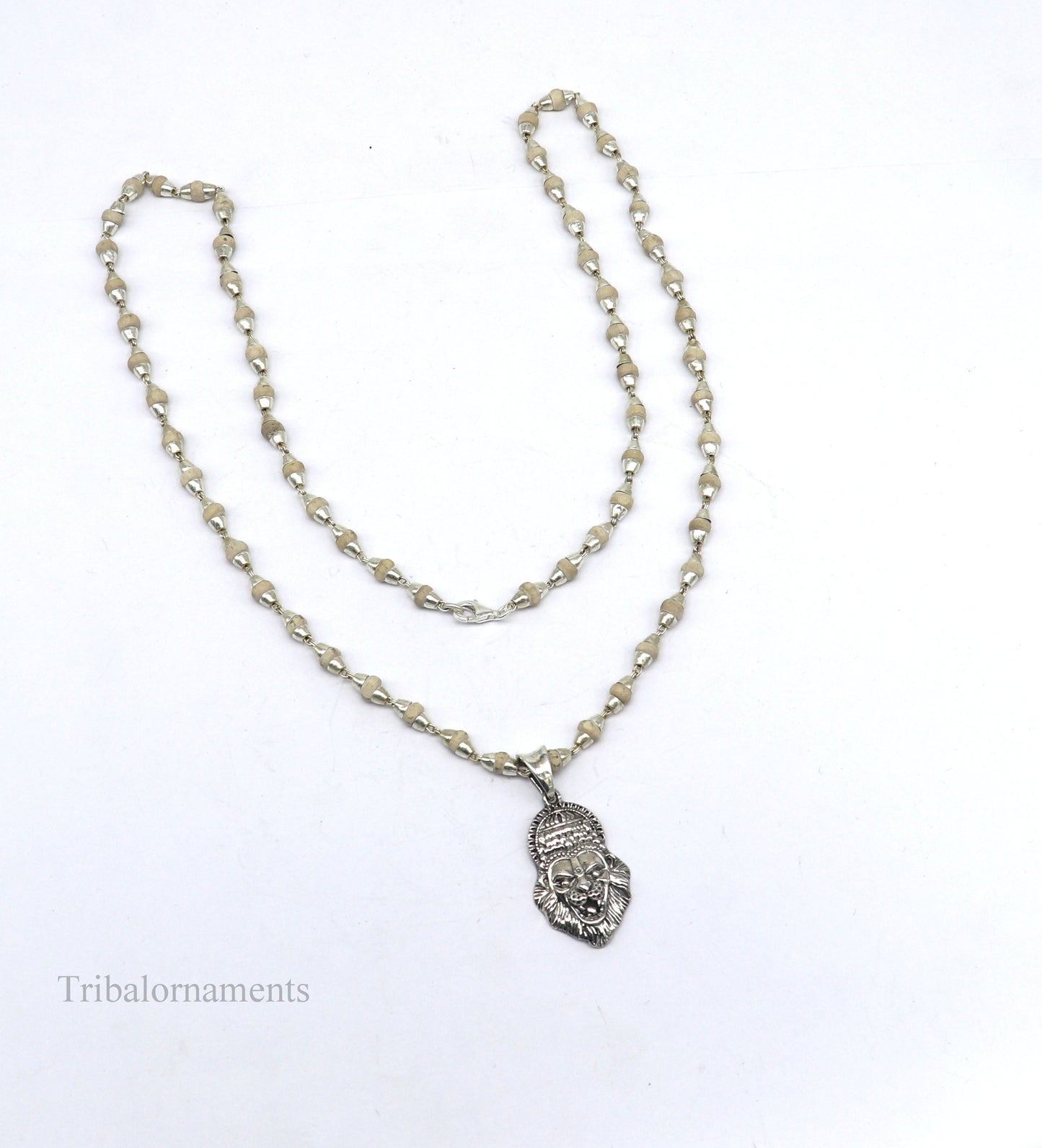 Holy Basil rosary 4 mm beads solid silver necklace with amazing south india lord vishnu narsimha pendant with tulsi mala from india set43 - TRIBAL ORNAMENTS